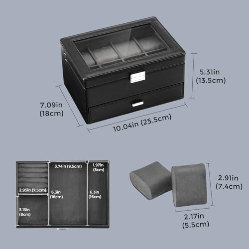 ProCase Premium Watch Box for Men, Jewelry Organizer Box with Drawer, Display Storage Case with Glass Lid -Black, 8 Slot
