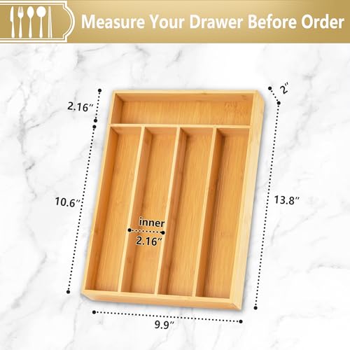 Silverware Organizer, 10 Inch Utensil Organizer Kitchen Drawer Organizer Bamboo Silverware Holder Cutlery Tray Organizer in Drawer Flatware Organizer Tray(5 slots, Natural