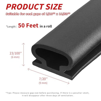 50 Feet D-Shape Rubber Weather Stripping Door Seal Strip, Fingwerk Self-Adhesive Backing Door Weatherstripping for Door Frame Insulation Large Gap, Easy Cut to Size with Tailor Scissors(Black)