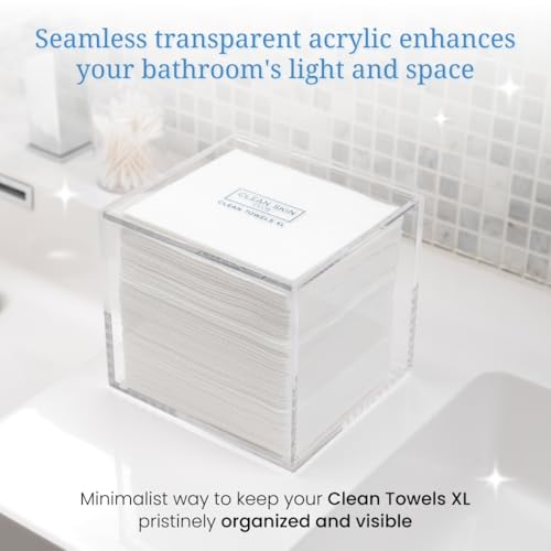 CLEAN SKIN CLUB Clear Acrylic Box for Clean Towels XL (NOT Included), Container For 50 Disposable Clean Towels XL, Face Towelettes Bathroom Counter Storage, Bin for Cleansing Facial Dry Wipes