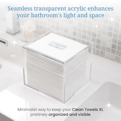 CLEAN SKIN CLUB Clear Acrylic Box for Clean Towels XL (NOT Included), Container For 50 Disposable Clean Towels XL, Face Towelettes Bathroom Counter Storage, Bin for Cleansing Facial Dry Wipes
