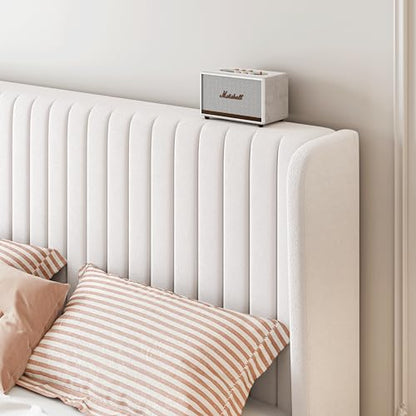 SHA CERLIN Full Size Velvet Bed Frame, Tufted Wingback Headboard, White