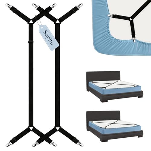 Sopito Sheet Straps, Adjustable Bed Sheet Suspenders Max Stretch from 29.5 in to 82.7 in Compatible for Crib to King Size Bed, Non Slip Holder Fasteners Clips, 2pcs/Black