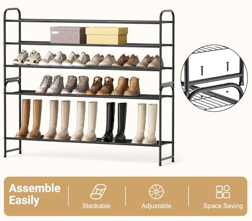 3-Tier Long Shoe Rack for Closet Metal Shoe Organizer for Entryway, Wide Stackable Shoe Storage Shelf with Sturdy Wire Grid for Closet Floor, Bedroom, Black