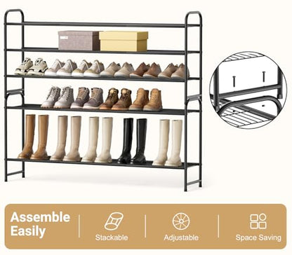3-Tier Long Shoe Rack for Closet Metal Shoe Organizer for Entryway, Wide Stackable Shoe Storage Shelf with Sturdy Wire Grid for Closet Floor, Bedroom, Black