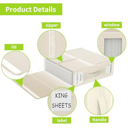Foldable Bed Sheet Organizers and Storage - 4 Pack(Queen or King Size) Sheet Set Organizer for Bed Sheets,Pillowcases,Linen Closet Organizer for Bedding Clothes Towels(lvory)