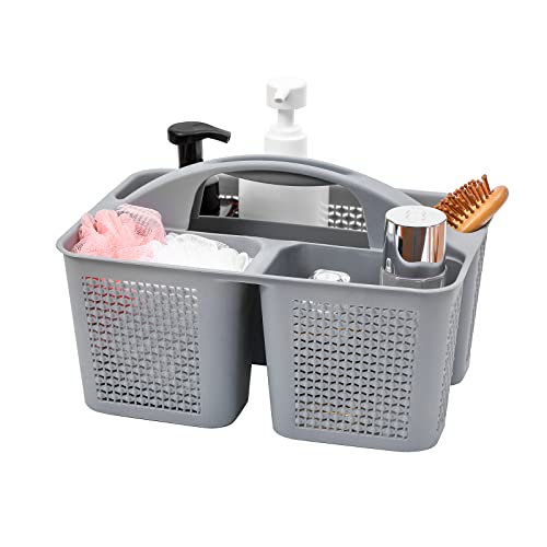 Plastic Portable Shower Caddy Basket with Handle, 3 Compartments, Grey | Storage Organizer with Drain Holes, Sturdy and Durable For Bathroom, Kitchen, College Dorm, Sink, Camping