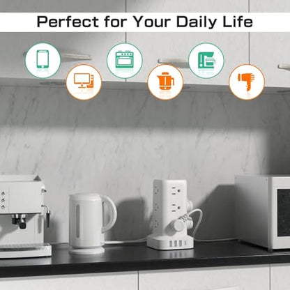 Power Strip with 12 Outlets 4 USB (1 USB C), 6.5Feet Extension Cord with Multiple Outlets, Charging Station, Power Strip Tower, Home Office Desk Supplies