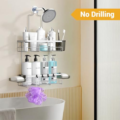 Hanging Shower Caddy Over Showerhead - Rustproof No Drill Shower Organizer | Includes Soap Holder and Hooks for Shampoo, Conditioner, and Bathroom Essentials with Quick Drainage Design
