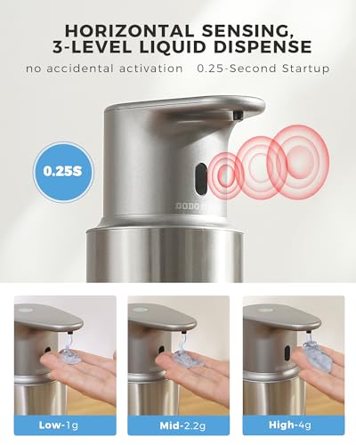 Automatic Liquid Soap Dispenser Touchless, 304 Stainless Steel Bottle Body | 16.2oz/480ml Rechargeable Dish Soap Dispenser, 3 Adjustable Liquid Levels, IPX7 Waterproof, for Kitchen Bathroom