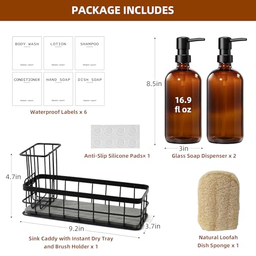 Dish Soap Dispenser for Kitchen, 16.9 fl oz Amber Hand and Dish Soap Dispensers, Kitchen Soap Dispenser Set with Sponge Holder, Brush Holder and Loofah Sponge, Countertop Sink Organizer Accessories