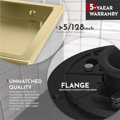 6 Inch Square Shower Drain Gold Floor Drain with Flange Reversible 2-in-1 Cover Tile Insert Grate Removable SUS304 Stainless Steel CUPC Certified Brushed Gold