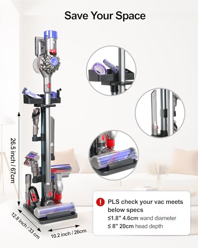Cordless Adjustable Vacuum Cleaner Stand for Max. 1-4/5" Vac Wand, Universal Stick Vacuum Docking Station, Height Adjustment, 7 Accessory Holders, Storage Box, Black