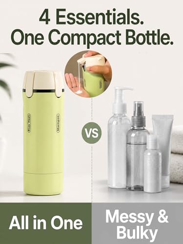 4 in 1 Travel Dispenser Bottle, TSA Approved Leak Proof Refillable Toiletry Containers for Shampoo, Conditioner, Lotion & Skincare – Easy Clean Travel Bottles for Gym, Business
