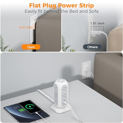 TESSAN Tower Power Strip Flat Plug with 1050J Surge Protection, 6 Ft, Grey | 11 Outlets 3 USB (1 USB C), Surge Protector Power Tower, Extension Cord with Multiple Outlets, Dorm, Office Desk Supplies