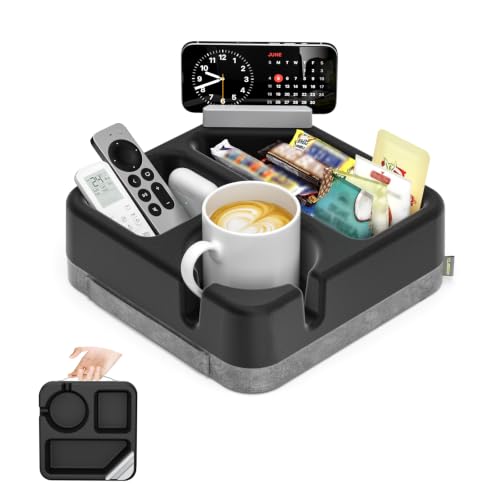 Couch Cup Holder Tray Couch Cup Holder Pillow Soft Sofa Caddy Drink Holder with 3 Compartments &Removable 360°Swivel Phone Stand, Portable Bed Snack Caddy Pillow with Handle for Tablet Controller Grey