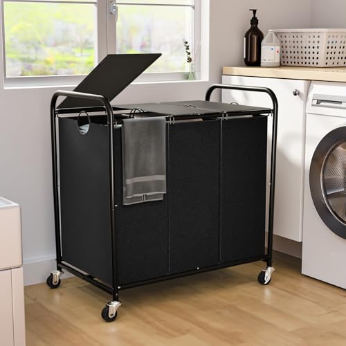 180L Laundry Sorter 3 Section, Rolling Laundry Basket with Wheels and Lid | 47.55 Gal Laundry Hamper, 3 Separated Removable Bags, Lockable Wheels, Dirty Clothes Hamper for Laundry Room Organizer, Black