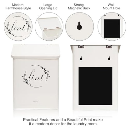 Magnetic Lint Bin for Laundry Room, Metal Lint Trash Can with Lid for Dryer, Wall Mounted Lint Holder Box with Lint Brush, Modern Farmhouse Laundry Room Decor, Cream