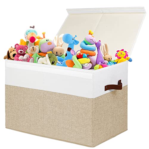 Large Toy Storage Box with Lid, Toy Chest Bin Boxes Basket with Dividers | Sturdy Toy Organizer Bin for Kids, Boys, Girls, Nursery, Living Room, Bedroom, Playroom 25"x13" x16" (Beige and White)