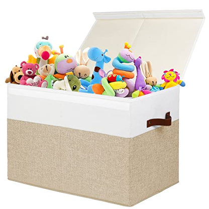 Large Toy Storage Box with Lid, Toy Chest Bin Boxes Basket with Dividers | Sturdy Toy Organizer Bin for Kids, Boys, Girls, Nursery, Living Room, Bedroom, Playroom 25"x13" x16" (Beige and White)