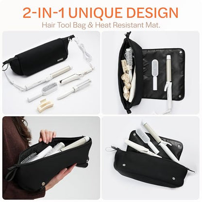 Hair Tools Organizer - Hot Hair Tools Travel Bag with Heat Resistant Mat, Large Capacity Pouch for Flat Irons, Curling Wands, Hair Dryers - Black