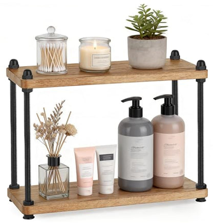 Mkono Bathroom Counter Organizer, 2 Tier Rustic Wood Countertop Sink Shelf | Light Brown, Skincare Makeup Spices Mugs Perfume Holder, Vanity Bedroom Kitchen Coffee Bar Office Storage Decor, Space-Saving