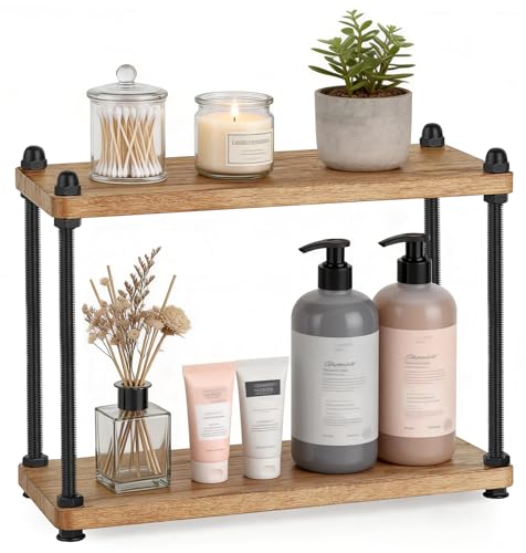 Bathroom Counter Organizer, 2 Tier Rustic Wood Cou... (Light Brown | Metal, Wood)