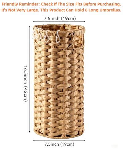 Rattan Umbrella Stand for Entryway,Hand-Woven Umbrella Holder Indoor with Doormat, Removable Drip Tray & 4 Hooks,Waterproof Umbrella Storage Basket