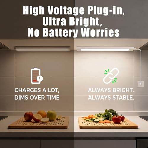 2 Pcs 14inch Plug in Under Cabinet Lighting for Kitchen, 6500k Bright White LED Under Counter Wired Lights for Shelf/Bookshelf/Workbench/Over Sink Linkable 110V LED Light Bar