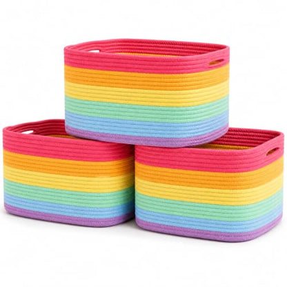 OrganiHaus Rainbow Baskets for Shelves, Set of 3, 15x9x10 | Colorful, handwoven cotton rope; a toy bin for playroom, classroom, or girls' room decor; great for nursery too