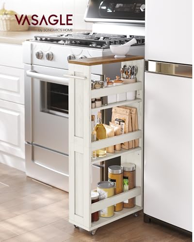 VASAGLE 4-Tier Slide-Out Storage Cart, Slim Kitchen Cart for Small Spaces, with Wheels, Handle, Bathroom, Laundry Room, 5.9 x 17 x 34.1 Inches, Rustic White and Honey Brown ULRC050K01