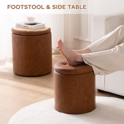 Leather Storage Ottoman Round, Foot Stool with Storage for Living Room