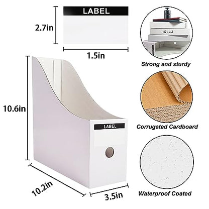 Limitliho 24 Pack White Cardboard Magazine Holder for Desk or Shelves | 10.6''H×10.2'L×3.5''W Magazine File Holder, Vertical Book Bins for Classroom and Library, Magazine Storage Box with Label