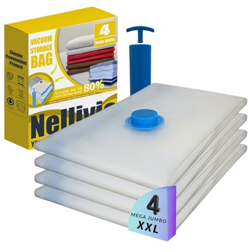 4 Mega Jumbo XXL Vacuum Storage Bags Set with Pump | Supersized Compression Space Saver, For Comforter, Duvet, Bedding, Blanket, Vacuum Seal for Clothing