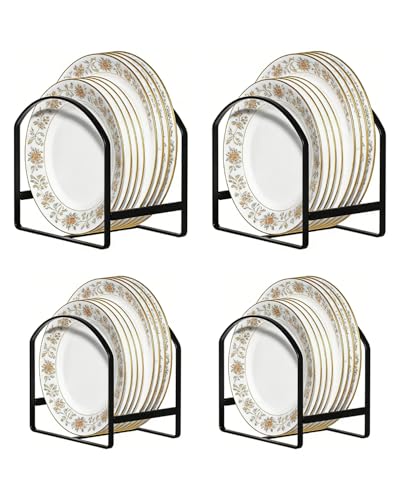 4 Pack Kitchen Plate Holder Organizer for Cabinet Space Saver Dinner Dish Plate Storage Rack Upright Dish Drying Racks Metal Dish Racks Stand for Cupboard and Countertop 2 Large 2 Small Black