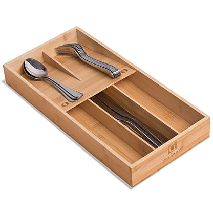 guiogc Bamboo Silverware Organizer, Kitchen Silverware Drawer Organizer, Utensil Tray Holder, Cutlery Tray for Spoons, Forks, Knives