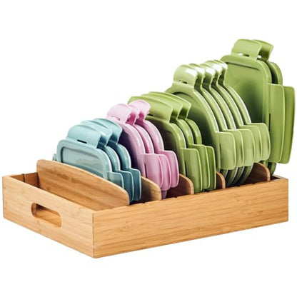 Large Bamboo Food Container Lid Organizer for Kitchen Cabinet | Adjustable slots - Premium bamboo, pretty color - Sturdy versatile caddy for snack, spice in drawer - Anti-Skid Silicone Pads