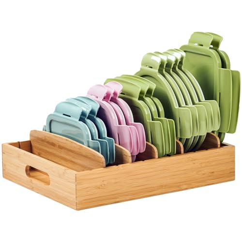 Large Bamboo Food Container Lid Organizer for Kitchen Cabinet | Adjustable slots - Premium bamboo, pretty color - Sturdy versatile caddy for snack, spice in drawer - Anti-Skid Silicone Pads