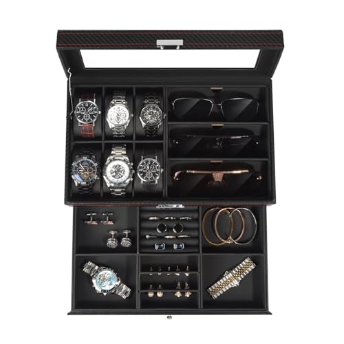 Jewelry Box for Men, 6 Slot Watch Box Jewelry Organizer With Drawer, Watch Case for Men with Large Window, 2-Layer Watch Holder, Sunglasses Storage Organizer, Velvet Lining, Fathers Day Gift