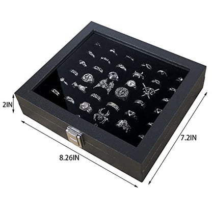 Pangkeep Ring Organizer Display Case,Black Jewelry Storage Tray Boxes for Multiple Rings,Glass Lid,Stackable. (42 Slots)
