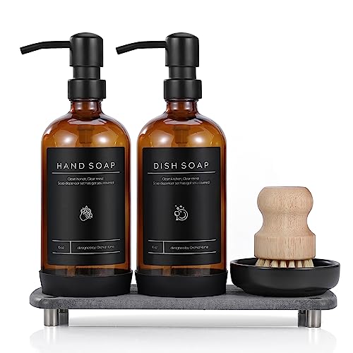 Luxury] Kitchen Soap Dispenser Set - 16OZ Amber Gl...