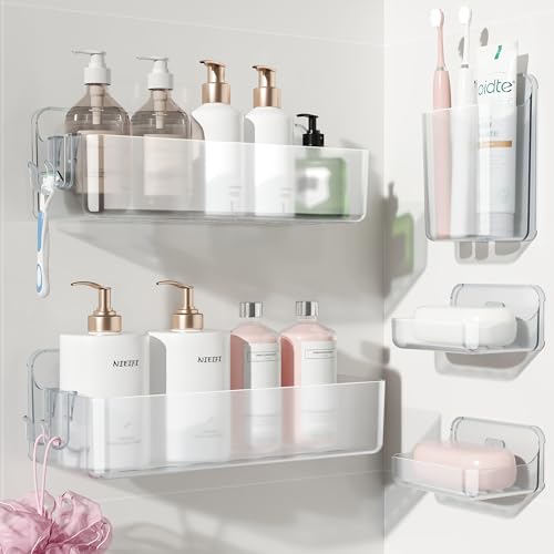Nieifi Adhesive Shower Shelves, Clear, 5 Pieces | Rustproof ABS, Large Capacity, Removable Design, Easy-Clean, No Drilling Shower Organizer for Bathroom Storage & Home Decor