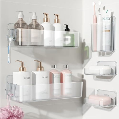 Nieifi Adhesive Shower Shelves, Clear, 5 Pieces | Rustproof ABS, Large Capacity, Removable Design, Easy-Clean, No Drilling Shower Organizer for Bathroom Storage & Home Decor