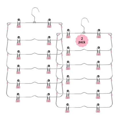Skirt Pants Hangers with Clips,6Tier Skirt Hangers Space Saving,Metal Multi Pants Hangers and Storage Multi Clothes Shorts Hanger Organization,Space Saving Hangers with Clips (Pink, 2-Piece Set)
