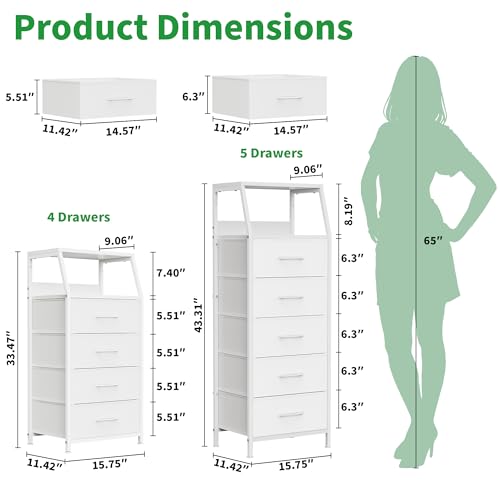 4 Drawers Small Fabric Dresser for Bedroom, Tall Dorm Nightstand | Vertical Storage Tower Closet Organizer, Skinny Narrow Bedside Table for Entryway, Steel Frame, Wooden Top