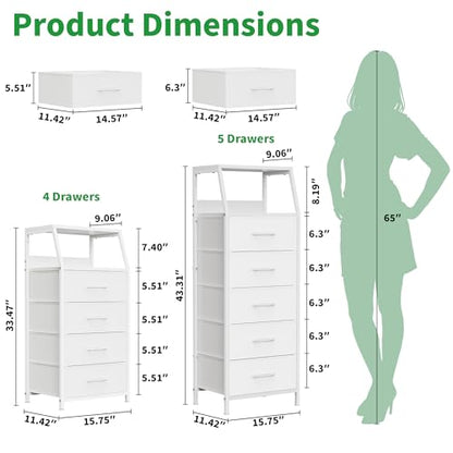 4 Drawers Small Fabric Dresser for Bedroom, Tall Dorm Nightstand | Vertical Storage Tower Closet Organizer, Skinny Narrow Bedside Table for Entryway, Steel Frame, Wooden Top