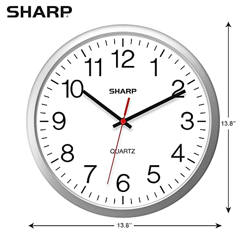 Sharp 14-Inch Battery Wall Clock, Silent Non-Ticking, Easy-Read, Silver | Battery operated; Sweep movement; Large round face; Quartz accuracy; Home, kitchen, office or classroom
