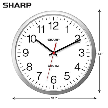 Sharp 14-Inch Battery Wall Clock, Silent Non-Ticking, Easy-Read, Silver | Battery operated; Sweep movement; Large round face; Quartz accuracy; Home, kitchen, office or classroom