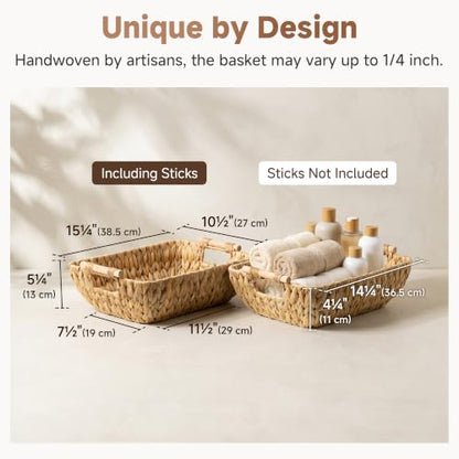 StorageWorks Hand-Woven Large Storage Baskets with Wooden Handles, Water Hyacinth Wicker Baskets for Organizing, 2-Pack