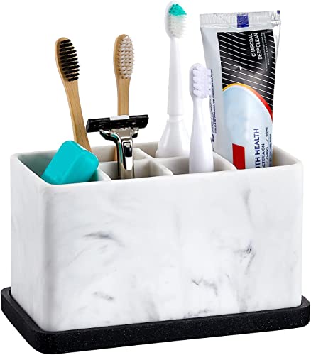 Marble Look Toothbrush Holder for Bathroom Countertop Organizer, Holds Toothpaste, Dental Floss, Razor, Comb, Makeup Brushes, and More, Stylish Bathroom Accessory for Tooth Brushing Essentials